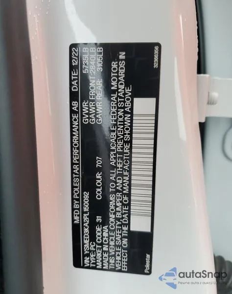 2023 Polestar 2 z USA, uszkodzony, nr VIN YSMED3KA2PL150092